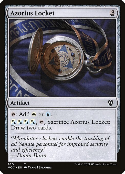 {T}: Add {W} or {U}.
{W/U}{W/U}{W/U}{W/U}, {T}, Sacrifice Azorius Locket: Draw two cards.