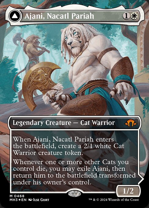 When Ajani, Nacatl Pariah enters the battlefield, create a 2/1 white Cat Warrior creature token.
Whenever one or more other Cats you control die, you may exile Ajani, then return him to the battlefield transformed under his owner's control.   +2: Put a +1/+1 counter on each Cat you control.
0: Create a 2/1 white Cat Warrior creature token. When you do, if you control a red permanent other than Ajani, Nacatl Avenger, he deals damage equal to the number of creatures you control to any target.
−4: 