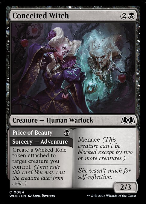 Menace (This creature can't be blocked except by two or more creatures.)   Create a Wicked Role token attached to target creature you control. (Then exile this card. You may cast the creature later from exile.)