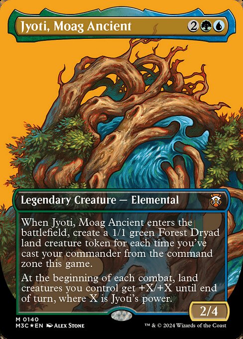 When Jyoti, Moag Ancient enters, create a 1/1 green Forest Dryad land creature token for each time you've cast your commander from the command zone this game. (They're affected by summoning sickness.)
At the beginning of each combat, land creatures you control get +X/+X until end of turn, where X is Jyoti's power.
