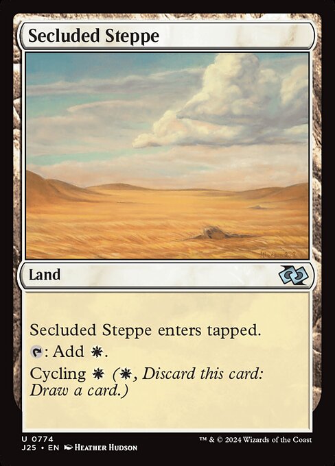 Secluded Steppe enters tapped.
{T}: Add {W}.
Cycling {W} ({W}, Discard this card: Draw a card.)