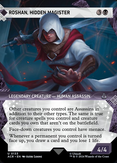 Other creatures you control are Assassins in addition to their other types. The same is true for creature spells you control and creature cards you own that aren't on the battlefield.
Face-down creatures you control have menace.
Whenever a permanent you control is turned face up, you draw a card and you lose 1 life.