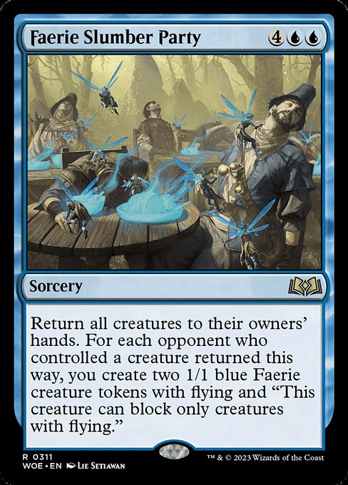 Return all creatures to their owners' hands. For each opponent who controlled a creature returned this way, you create two 1/1 blue Faerie creature tokens with flying and "This creature can block only creatures with flying."