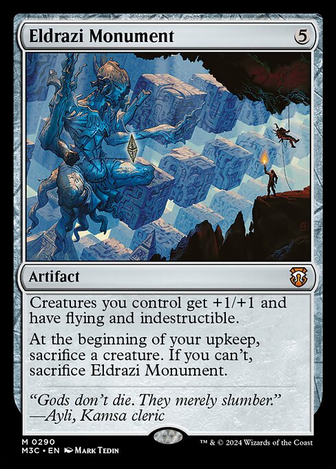 Creatures you control get +1/+1 and have flying and indestructible.
At the beginning of your upkeep, sacrifice a creature. If you can't, sacrifice Eldrazi Monument.