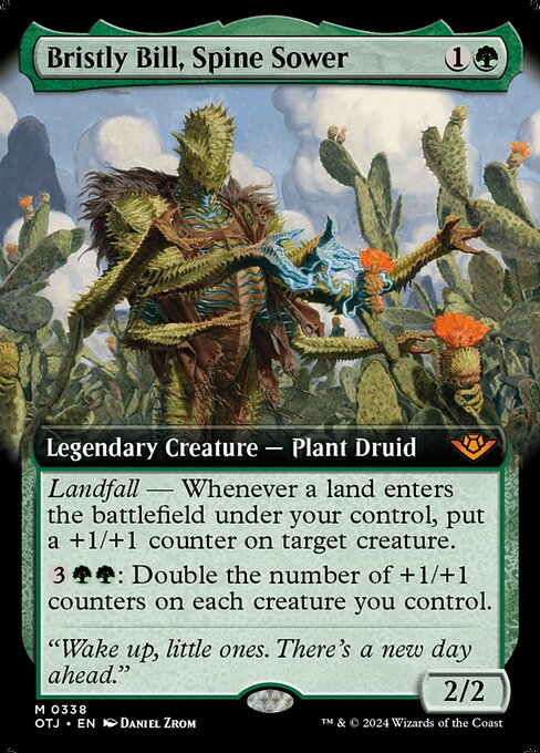 Landfall — Whenever a land enters the battlefield under your control, put a +1/+1 counter on target creature.
{3}{G}{G}: Double the number of +1/+1 counters on each creature you control.