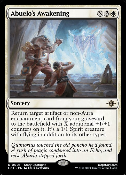 Return target artifact or non-Aura enchantment card from your graveyard to the battlefield with X additional +1/+1 counters on it. It's a 1/1 Spirit creature with flying in addition to its other types.