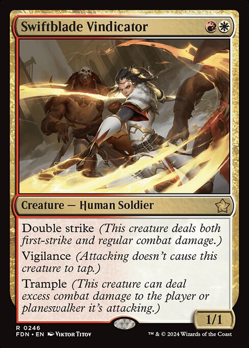 Double strike (This creature deals both first-strike and regular combat damage.)
Vigilance (Attacking doesn't cause this creature to tap.)
Trample (This creature can deal excess combat damage to the player or planeswalker it's attacking.)