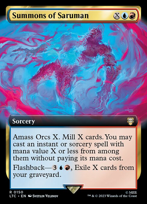 Amass Orcs X. Mill X cards. You may cast an instant or sorcery spell with mana value X or less from among them without paying its mana cost. (To amass Orcs X, put X +1/+1 counters on an Army you control. It's also an Orc. If you don't control an Army, create a 0/0 black Orc Army creature token first.)
Flashback—{3}{U}{R}, Exile X cards from your graveyard.