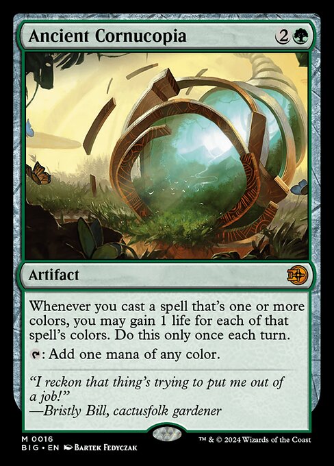 Whenever you cast a spell that's one or more colors, you may gain 1 life for each of that spell's colors. Do this only once each turn.
{T}: Add one mana of any color.