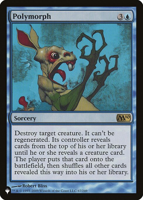 Destroy target creature. It can't be regenerated. Its controller reveals cards from the top of their library until they reveal a creature card. The player puts that card onto the battlefield, then shuffles all other cards revealed this way into their library.