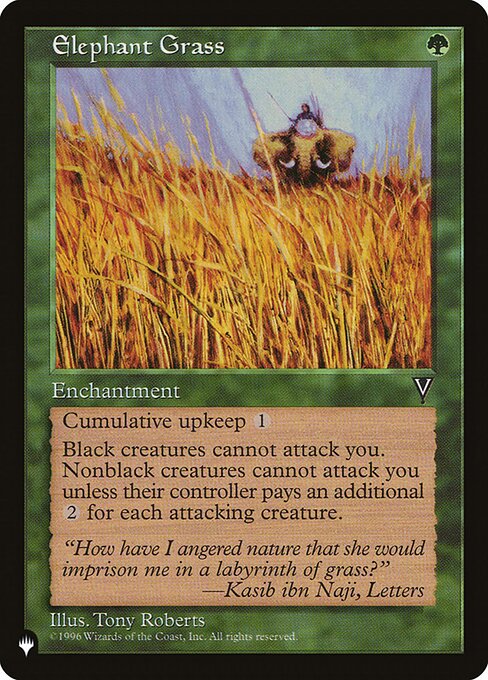 Cumulative upkeep {1} (At the beginning of your upkeep, put an age counter on this permanent, then sacrifice it unless you pay its upkeep cost for each age counter on it.)
Black creatures can't attack you.
Nonblack creatures can't attack you unless their controller pays {2} for each creature they control that's attacking you.