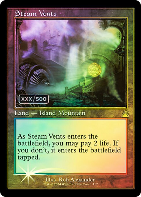 ({T}: Add {U} or {R}.)
As Steam Vents enters the battlefield, you may pay 2 life. If you don't, it enters the battlefield tapped.