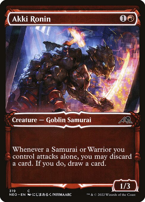 Whenever a Samurai or Warrior you control attacks alone, you may discard a card. If you do, draw a card.