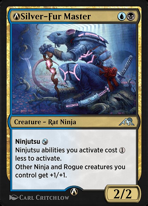 Ninjutsu {U/B} ({U/B}, Return an unblocked attacker you control to hand: Put this card onto the battlefield from your hand tapped and attacking.)
Ninjutsu abilities you activate cost {1} less to activate.
Other Ninja and Rogue creatures you control get +1/+1.