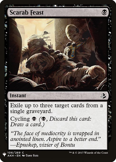 Exile up to three target cards from a single graveyard.
Cycling {B} ({B}, Discard this card: Draw a card.)