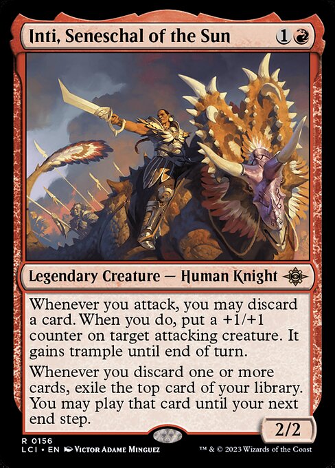 Whenever you attack, you may discard a card. When you do, put a +1/+1 counter on target attacking creature. It gains trample until end of turn.
Whenever you discard one or more cards, exile the top card of your library. You may play that card until your next end step.