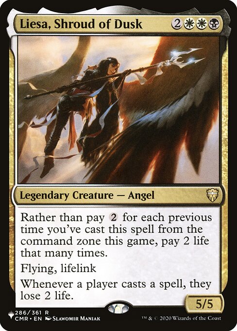 Rather than pay {2} for each previous time you've cast this spell from the command zone this game, pay 2 life that many times.
Flying, lifelink
Whenever a player casts a spell, they lose 2 life.