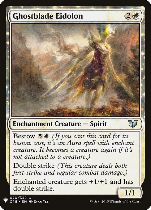 Bestow {5}{W} (If you cast this card for its bestow cost, it's an Aura spell with enchant creature. It becomes a creature again if it's not attached to a creature.)
Double strike (This creature deals both first-strike and regular combat damage.)
Enchanted creature gets +1/+1 and has double strike.