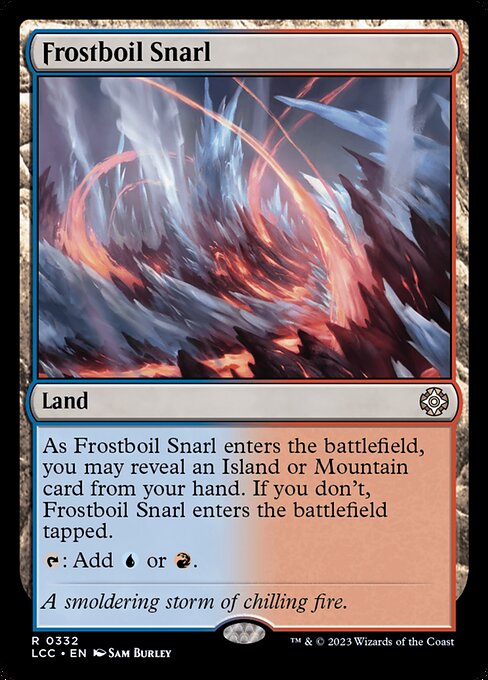 As this land enters, you may reveal an Island or Mountain card from your hand. If you don't, this land enters tapped.
{T}: Add {U} or {R}.