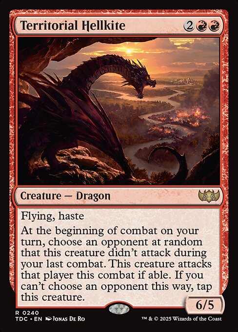 Flying, haste
At the beginning of combat on your turn, choose an opponent at random that this creature didn't attack during your last combat. This creature attacks that player this combat if able. If you can't choose an opponent this way, tap this creature.