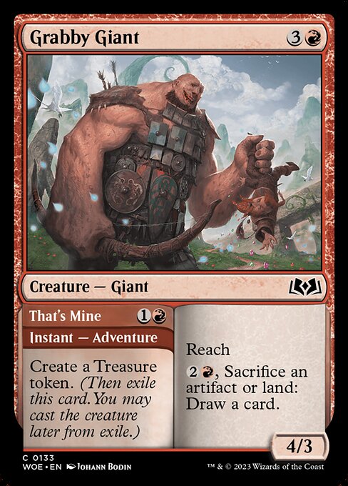 Reach
{2}{R}, Sacrifice an artifact or land: Draw a card.   Create a Treasure token. (Then exile this card. You may cast the creature later from exile.)