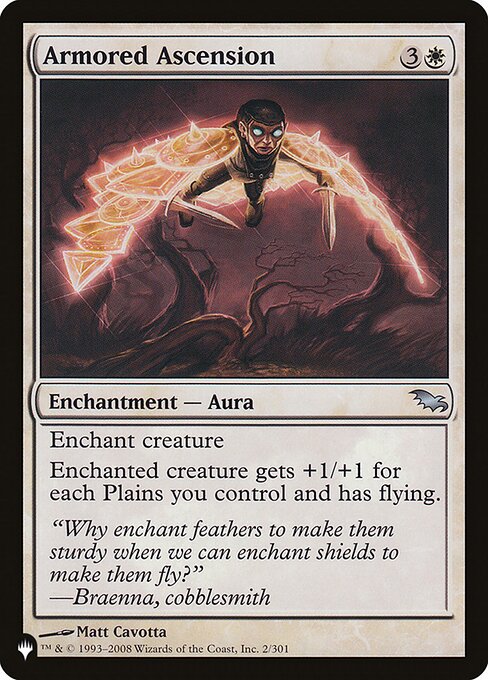 Enchant creature
Enchanted creature gets +1/+1 for each Plains you control and has flying.