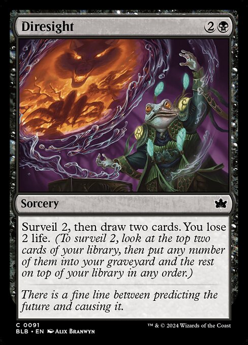 Surveil 2, then draw two cards. You lose 2 life. (To surveil 2, look at the top two cards of your library, then put any number of them into your graveyard and the rest on top of your library in any order.)