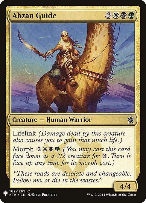Lifelink (Damage dealt by this creature also causes you to gain that much life.)
Morph {2}{W}{B}{G} (You may cast this card face down as a 2/2 creature for {3}. Turn it face up any time for its morph cost.)