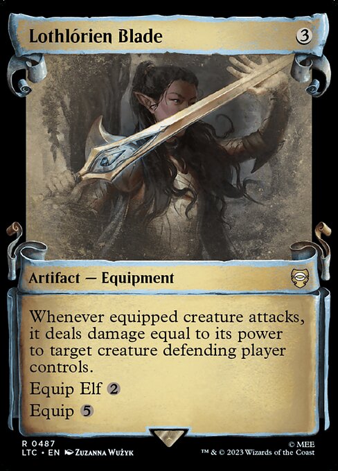 Whenever equipped creature attacks, it deals damage equal to its power to target creature defending player controls.
Equip Elf {2}
Equip {5}