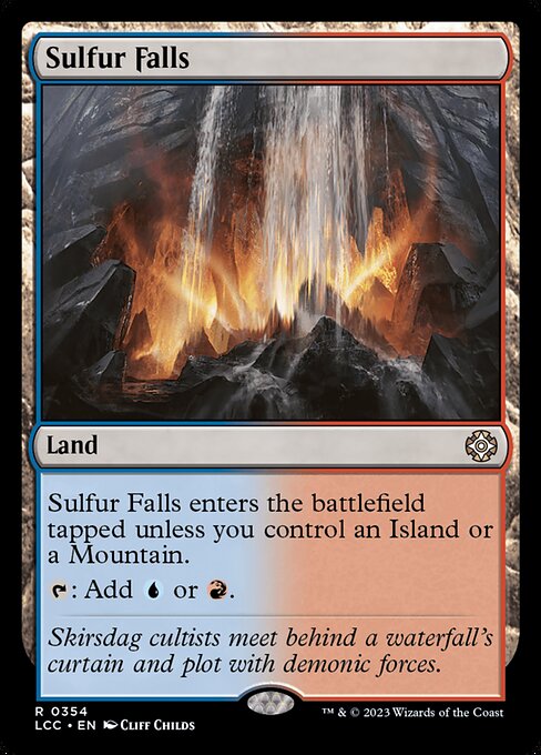 This land enters tapped unless you control an Island or a Mountain.
{T}: Add {U} or {R}.