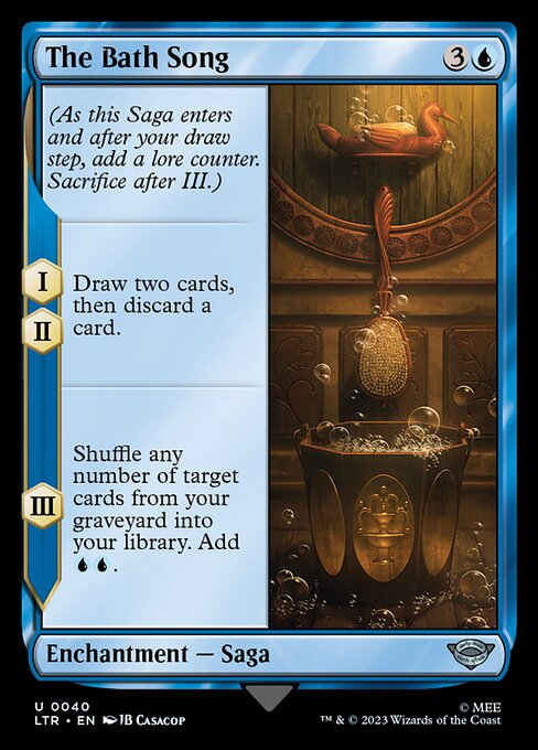 (As this Saga enters and after your draw step, add a lore counter. Sacrifice after III.)
I, II — Draw two cards, then discard a card.
III — Shuffle any number of target cards from your graveyard into your library. Add {U}{U}.