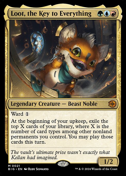 Ward {1}
At the beginning of your upkeep, exile the top X cards of your library, where X is the number of card types among other nonland permanents you control. You may play those cards this turn.