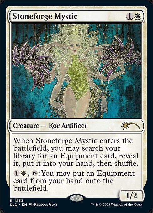 When Stoneforge Mystic enters the battlefield, you may search your library for an Equipment card, reveal it, put it into your hand, then shuffle.
{1}{W}, {T}: You may put an Equipment card from your hand onto the battlefield.
