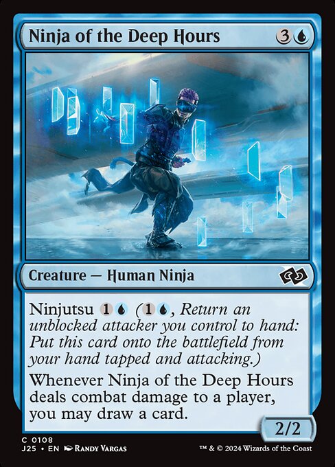 Ninjutsu {1}{U} ({1}{U}, Return an unblocked attacker you control to hand: Put this card onto the battlefield from your hand tapped and attacking.)
Whenever Ninja of the Deep Hours deals combat damage to a player, you may draw a card.