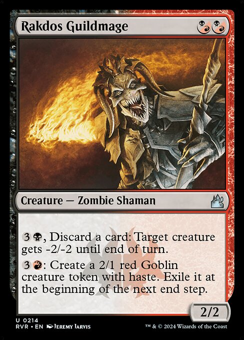 ({B/R} can be paid with either {B} or {R}.)
{3}{B}, Discard a card: Target creature gets -2/-2 until end of turn.
{3}{R}: Create a 2/1 red Goblin creature token with haste. Exile it at the beginning of the next end step.