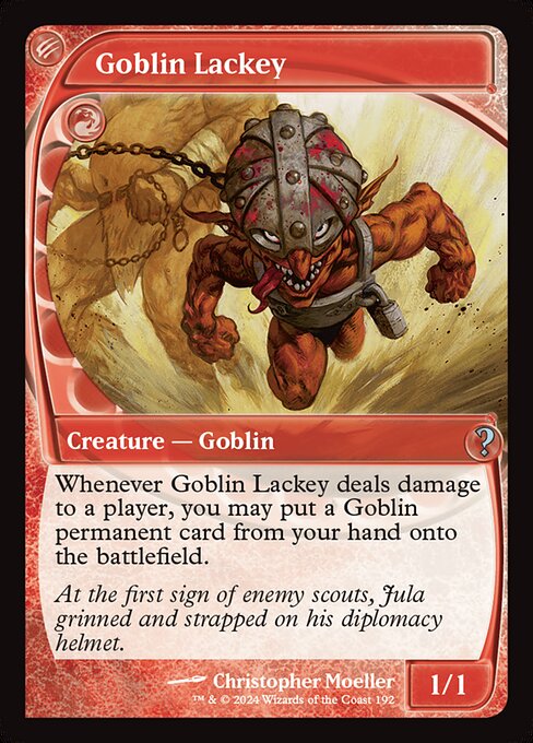 Whenever Goblin Lackey deals damage to a player, you may put a Goblin permanent card from your hand onto the battlefield.