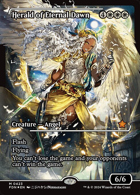 Flash (You may cast this spell any time you could cast an instant.)
Flying
You can't lose the game and your opponents can't win the game.