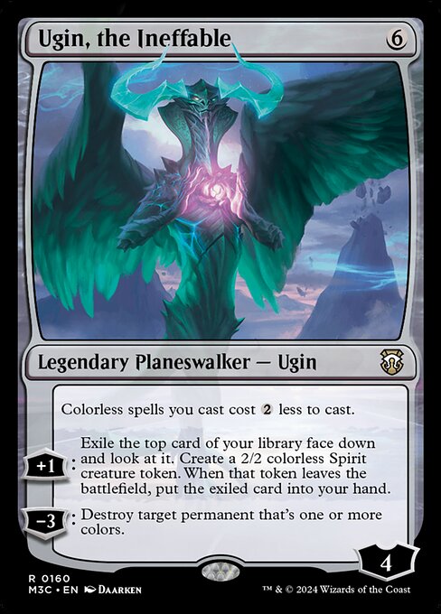 Colorless spells you cast cost {2} less to cast.
+1: Exile the top card of your library face down and look at it. Create a 2/2 colorless Spirit creature token. When that token leaves the battlefield, put the exiled card into your hand.
−3: Destroy target permanent that's one or more colors.