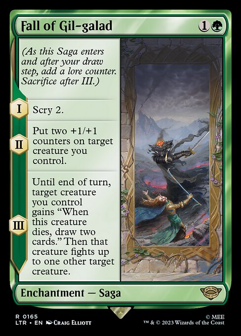 (As this Saga enters and after your draw step, add a lore counter. Sacrifice after III.)
I — Scry 2.
II — Put two +1/+1 counters on target creature you control.
III — Until end of turn, target creature you control gains "When this creature dies, draw two cards." Then that creature fights up to one other target creature.
