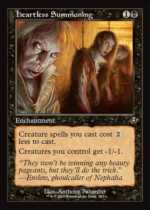 Creature spells you cast cost {2} less to cast.
Creatures you control get -1/-1.
