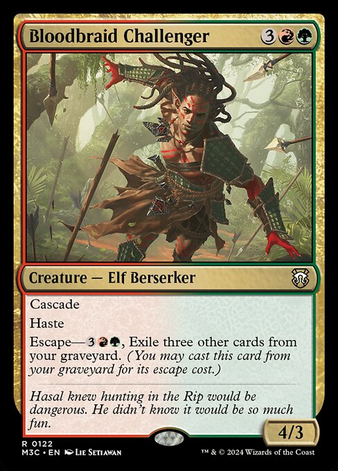 Cascade
Haste
Escape—{3}{R}{G}, Exile three other cards from your graveyard. (You may cast this card from your graveyard for its escape cost.)