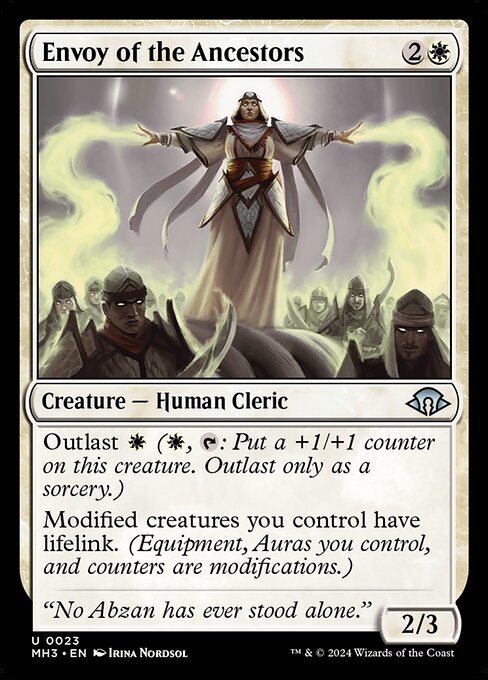 Outlast {W} ({W}, {T}: Put a +1/+1 counter on this creature. Outlast only as a sorcery.)
Modified creatures you control have lifelink. (Equipment, Auras you control, and counters are modifications.)
