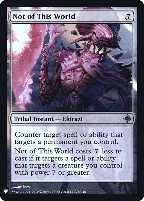 Counter target spell or ability that targets a permanent you control.
This spell costs {7} less to cast if it targets a spell or ability that targets a creature you control with power 7 or greater.