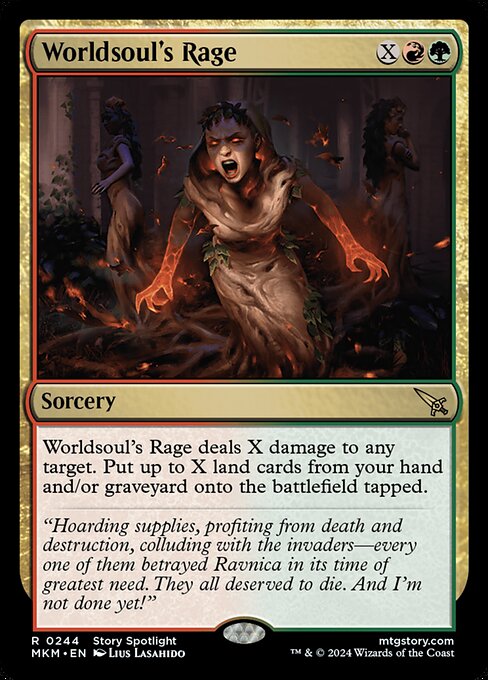 Worldsoul's Rage deals X damage to any target. Put up to X land cards from your hand and/or graveyard onto the battlefield tapped.