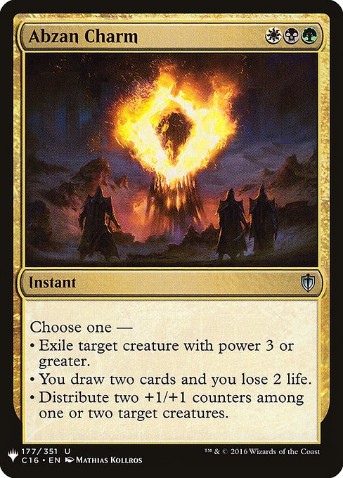 Choose one —
• Exile target creature with power 3 or greater.
• You draw two cards and you lose 2 life.
• Distribute two +1/+1 counters among one or two target creatures.
