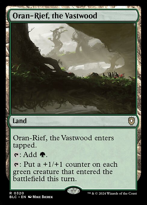 Oran-Rief, the Vastwood enters the battlefield tapped.
{T}: Add {G}.
{T}: Put a +1/+1 counter on each green creature that entered the battlefield this turn.