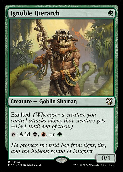 Exalted (Whenever a creature you control attacks alone, that creature gets +1/+1 until end of turn.)
{T}: Add {B}, {R}, or {G}.
