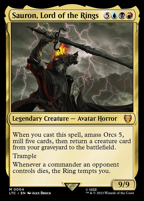When you cast this spell, amass Orcs 5, mill five cards, then return a creature card from your graveyard to the battlefield.
Trample
Whenever a commander an opponent controls dies, the Ring tempts you.