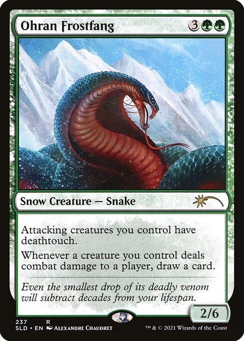 Attacking creatures you control have deathtouch.
Whenever a creature you control deals combat damage to a player, draw a card.