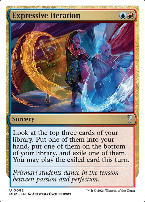Look at the top three cards of your library. Put one of them into your hand, put one of them on the bottom of your library, and exile one of them. You may play the exiled card this turn.